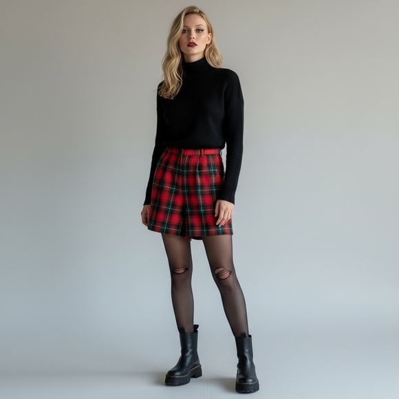 Vintage 90s red tartan plaid wool shorts punk grunge - Picture 1 of 7